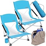I&J BASICS 2 Pack Low Chairs for Adults | Ultra Light, Heavy Duty with Cupholder and Carry Bag | Compact Backpacking Chair for Camping, Beach, and Travel | Bonus Cooler Bag Included
