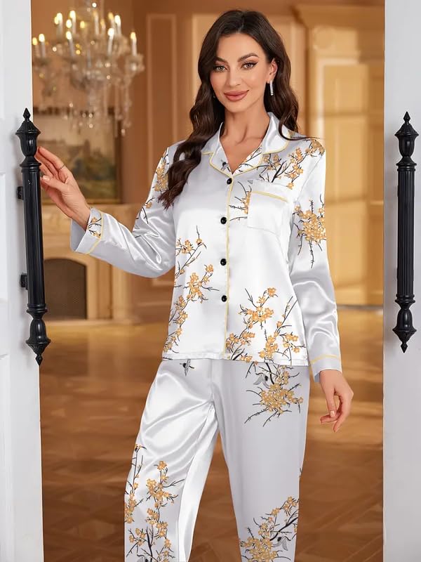 Image of Night Suit for Women with Full Sleeve Button-Down Top with Pant Dress for Woman,Night Dress for Woman, Two-Piece Loungewear Set