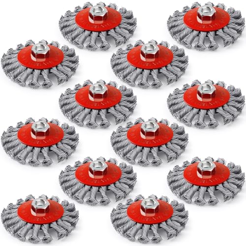Image of Tioncy 12 Pack Wire Wheel for Angle Grinder, for 4-1 /2 inch Angle Grinder with 5 /8 inch-11 Arbor, Heavy Duty Carbon Brushes for Rust Removal Heavy Cleaning Polishing(Red,Knotted Wire Wheel Brush)