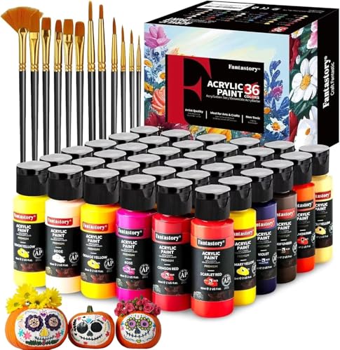Image of Fantastory 60ml 36 Colors Acrylic Paint Set with 12 Brushes | Professional Series, Thick Paints for Adults, Canvas, Wood, Fabric, Ceramic, Rock Painting