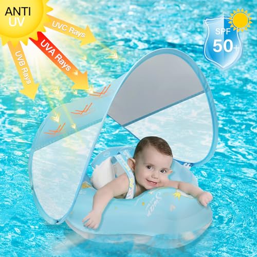 Image of LOOWARTS Baby Float with Canopy,Infant Pool Float with Safety Seat,Baby Swimming Float & Swim Float & Water Float UPF50+ UV Protection for Toddler from 3 to 36 Months
