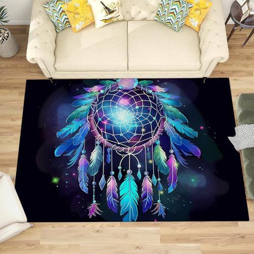 Tapis à poils courts bleu scène céleste de rêve motif attrape-rêves en plumes - 3