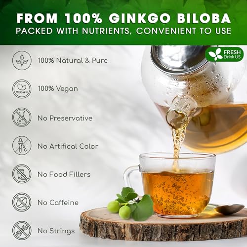 Image of FreshDrinkUS, Premium 75 Ginkgo Biloba Leaf Tea Bags, 100% Natural & Pure from Ginkgo Biloba Leaves. Loose Leaf Herbal Tea. Made with Eco-Conscious Tea Bags. No Sugar, No Caffeine, No Gluten, Vegan.