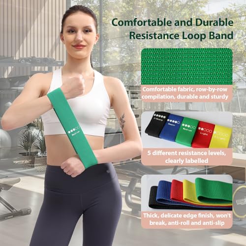 Weerstandsbanden Stof Resistance Band Set, 5 Verschillende Weerstanden, Loop Bands voor Billen en Been Oefeningen, Fitness Yoga Pilates Krachttraining met Draagtas - Afbeelding 5