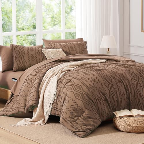 Image of AMBERSPACE King Size Comforter Set Brown, Tufted Farmhouse Bedding Boho Bed Set, All Season 7 Pieces Bed in a Bag with Sheets, Pillowcases & Shams