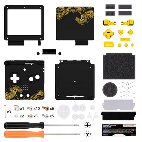 Image of IPS Ready Upgraded eXtremeRate Custom Replacement Housing Shell for Gameboy Advance SP GBA SP - The Great GOLDEN Wave Off Kanagawa - Black Compatible with Both IPS & Standard LCD - No Console & Screen