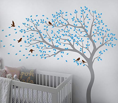 Tree Wall Decal Large Tree Wall Sticker Forest Mural Tree Blowing in The Wind Tree Wall Decals Wall Sticker Nursery Decals (Leaning Left, Grey, Ice Blue, Brown)