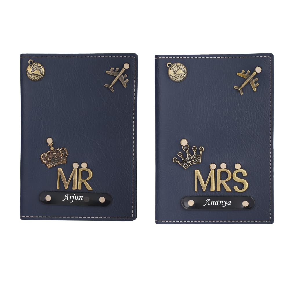 Personalized Leather Name with MR and MRS Charm Couple Passport Cover | Customized Gift Combo for Boyfriend Girlfriend Friend Husband Wife Father & Mother (Blue)-image-47