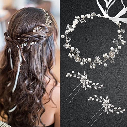 Braut Hochzeits Kopfschmuck,3 Stück Braut blumen Haarschmuck Damen Tiara, Hochzeits Haarnadel Set, Perlen Hochzeits Haarschmuck,Hochzeits Stirnbänder für Braut,Brautjungfern, Abschlussball