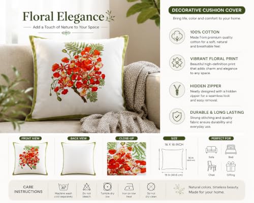 Image of Botanical Floral Cushion Cover 16 x 16 Inch (2) | Decorative Throw Pillow Cover for Sofa Couch Bed Living Room Bedroom | Soft Durable Home Decor Accent