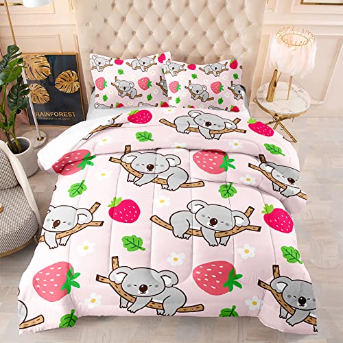 Bsntho Cartoon Koala Baby Comforter Set Pink Decor Quilted Duvet, Cute Fruits Animal Strawberry Bedding Set For Kids Girls Boys Teens, Microfiber Polyester For Dormitory Bedroom, Full Size White #TOP1