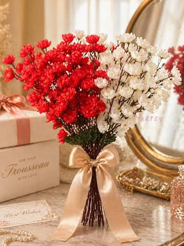 Image of ARTSY Artificial Flowers Bunch For Decoration Cherry Blossom, Ideal for vase, Home, Office decor, gifts, craft, artificial plants for decoration, Without vase, White Red, combo, 2 Piece, 55 cm height