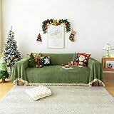 HANDONTIME Christmas Green Sofa Cover Vintage Couch Cover for Dogs 71' X118' Couch Cushion Covers with Tassel Sofa Cover Boho Sofa Covers for 3 Cushion Couch Chenille Soft Loveseat Sofa Covers