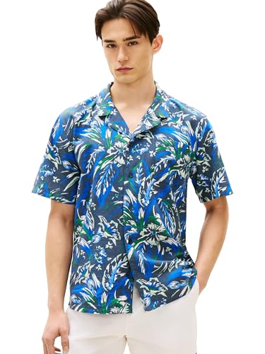 Image of Tommy Hilfiger Men's Lightweight Short Sleeve Cotton Beach Print Shirt with Pocket, Men's Casual Button Down Summer Shirts