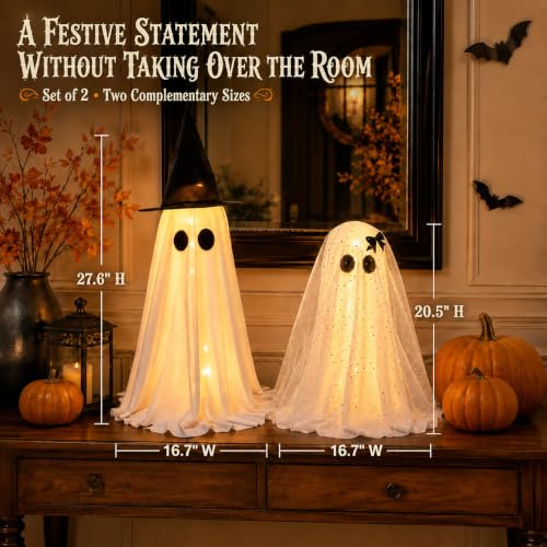 Twinkling Ghost Halloween Decor, 2 Pack Witch Hat and Bow Ghost Couple - image 2