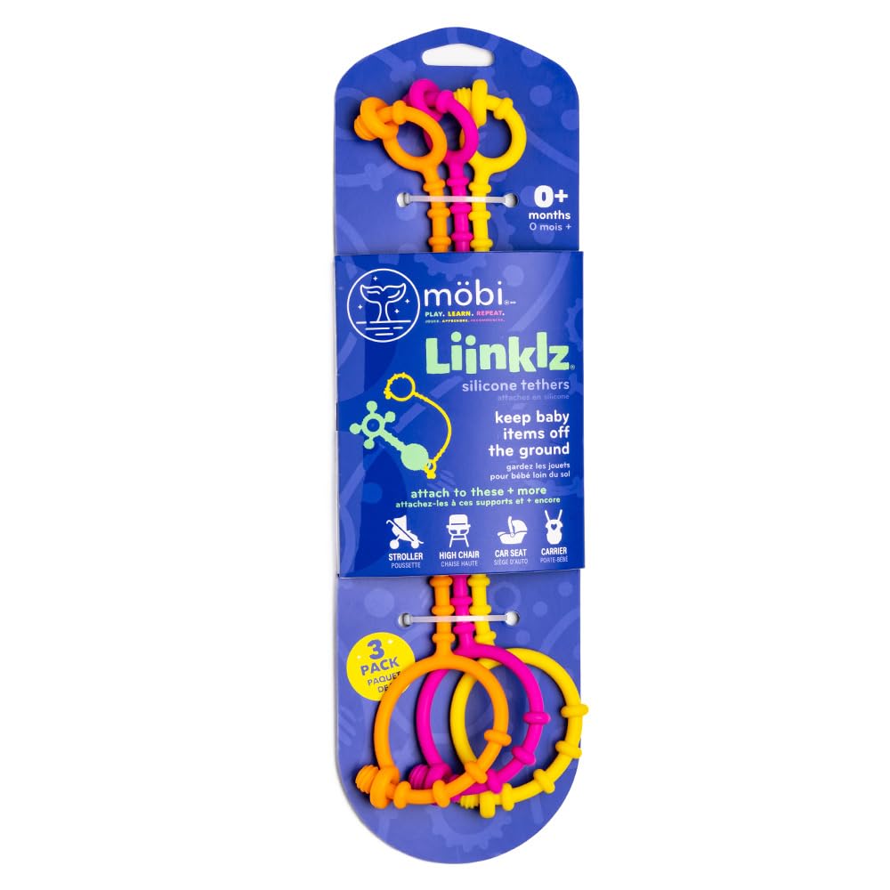 Mobi Liinklz Silicone Tethers - Flexible and Soft Toy Straps for Baby, Stroller Toy Safety Straps and Easy to Connect Baby Toy Holder - for Infants 0+ Months, Vibrant Colors (Pack of 3)