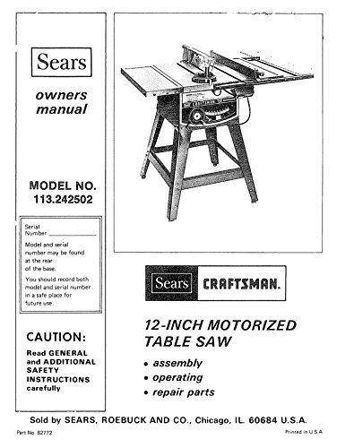 Craftsman 113.242502 Table Saw Owners Instruction Manual Reprint [Plastic Comb]