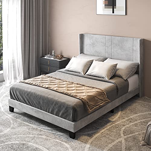 YITAHOME Cama tapizada de Plataforma con Respaldo de alas con cabecero, Marco de Cama con Listones de Madera/no Necesita somier/Base de colchón (matrimonial)