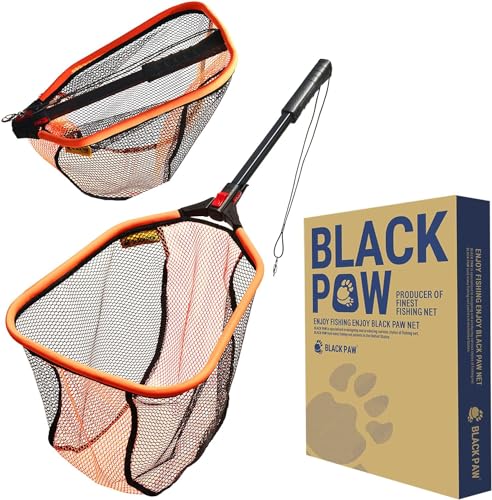 Black Paw Floating Fishing Net - Foldable, Rubber Coated Landing Net with Neoprene Foam Edging, Aerospace-Grade Aluminum, Upgrade EVA Handle for Easy Catch & Release of Fly, Salmon, Bass