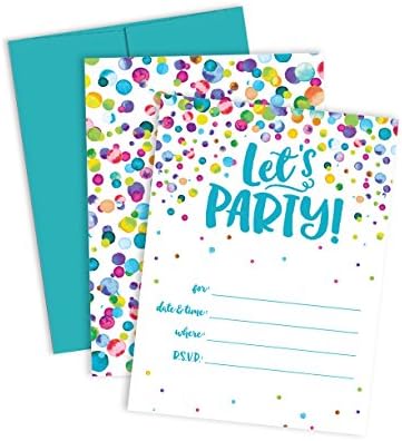 Palmer Street Press LET'S PARTY - Watercolor Confetti Fill-In-Your-Own Party Invitations (Set of 12 Invitations + 12 Blue Raspberry Envelopes)