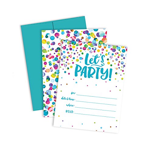Palmer Street Press Let's Party - Watercolor Confetti Fill-In-Your-Own Party Invitations (Set Of 12 Invitations + 12 Blue Raspberry Envelopes) #TOP7