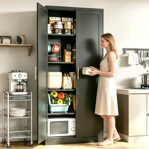Image of 71 inch Tall Kitchen Pantry Cabinet, Metal Kitchen Pantry Storage Cabinet with Doors and 4 Adjustable Shelves, Black Pantry Cabinet for Living, Dining Room, Bathroom