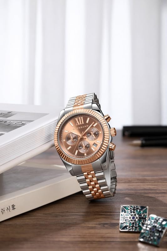 Image of Giordano Chronograph Watch for Men with Round Sunray Dial, Quartz Movement, Three Sub-Dials, Date Display, Roman Numeral Marker, Stainless Steel Strap - GZ-50217