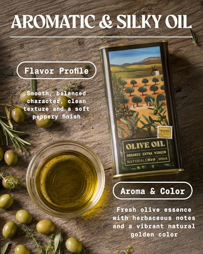 Image of NaturaleBio Extra Virgin Olive Oil 17floz. Organically harvested in Spain. D.O.P certified. Premium Cornicabra and Picual olives from centenary trees. Cold pressed for superior flavour and aroma.