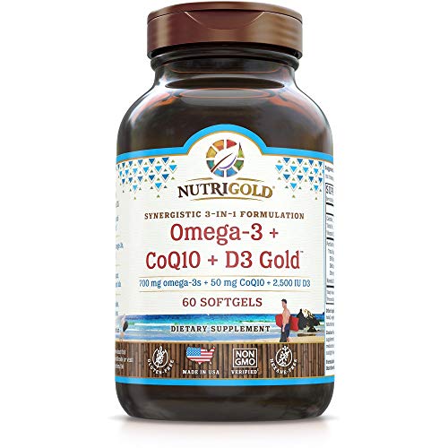 Omega-3 + Coq10 + Vitamin D3 Gold - 700 mg of Omega-3 Fish Oil with 2500 Iu Vitamin D3 & 50 Mg Kaneka Q10 (60 Softgels)