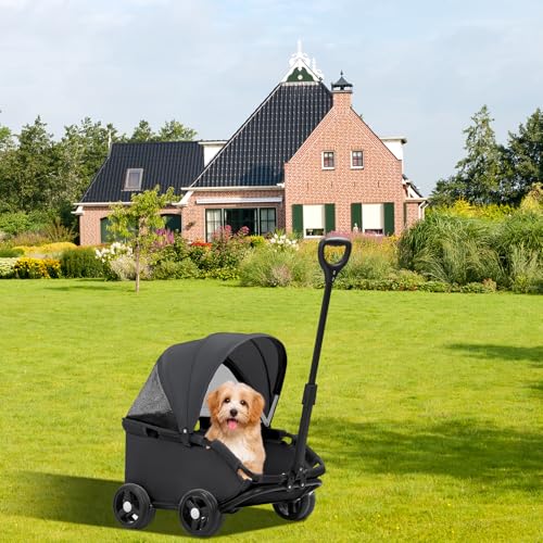 Klappbarer Mini-Hundewagen für Mini-Haustiere,Multifunktionaler Klappbarer Tierwagen mit Sonnenschutz Teleskopgriff,Doggie Wagon mit 4er 360°Drehrädern Inkl,für kleine Hunde Katzen bis 10kg(Schwarz)
