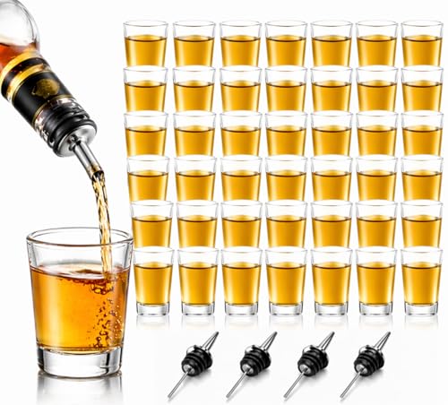 YAYODS 36 Stück Schnapsgläser 45ml Glas - Schnapsglas Spülmaschinenfest - Shot Gläser Wiederverwendbar mit 4 Stück Flaschenausgießer Edelstahl für Kräuterlikör Bismarck Wodka Tequila
