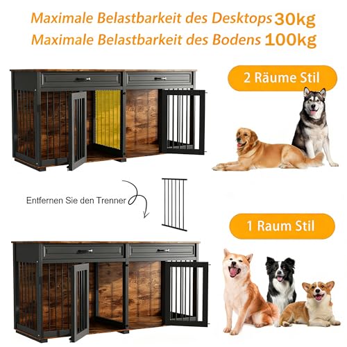 Hundekäfig Schrank XXL, Hundekäfig mit 2 Schubladen und 2 Türen, Hundebox für Zuhause Große/Mittlere Hunde,Beistelltisch, Hundehütte Indoor, Hundehaus für Zuhause, Schwarz, 164 x 60 x 80 cm, Eisen