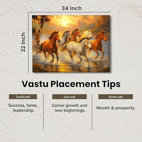Image of 7 Running Horses Vastu Stretched Canvas Painting For Living Room Seven Horses Vastu Wall Art Painting Symbol of Success, Growth & Positive Energy Wall Art for Home & Office, 22x34 Inch