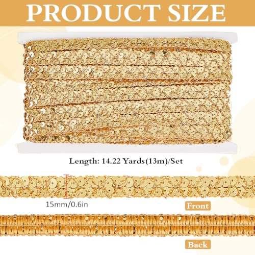 MAYJOYDIY 13m Sequin Lace Trim, 15mm Wide Light Gold Flat Round Paillette Ribbon - Image 2
