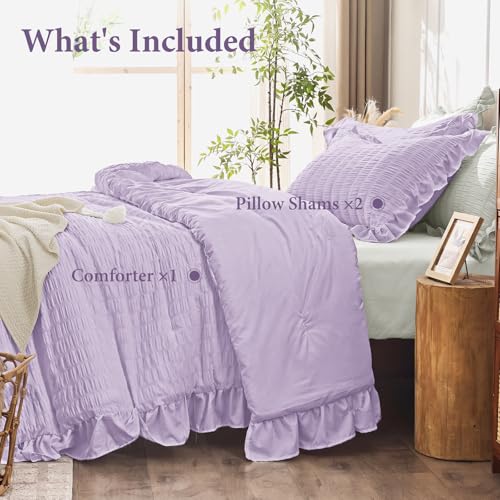 Image of JOLLYVOGUE Lavender King Comforter Set, 3 Pieces Seersucker Comforters King Size, Lightweight & Fluffy Bedding Sets King for All Season with 1 Ruffle Comforter and 2 Ruffle Pillowshams