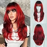 7JHH WIGS 24 Inch Cherry Red Ombre Black Layered Tail Bangs Wig with Dark Roots Ruby Red Medium Length Wig Synthetic Heat Resistant Fiber Wig for Women Fashion Edgy Daily Party Cosplay