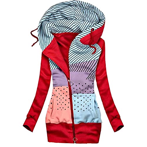 EMATOP Übergangsjacke Damen Langarm Zip Hoodie Baumwolle Lang Sweatshirt...