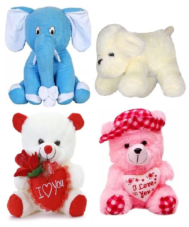 Blue Elephant, White Lazy Dog, Rose Teddy, Pink in Red Soft Toy for Kids, Children & Girls Playing Teddy Bear Combo - 4