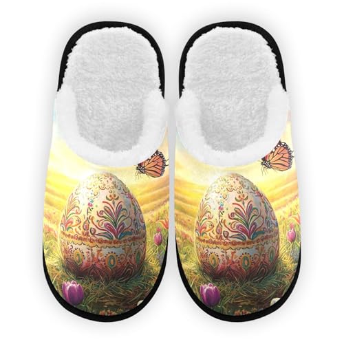 SPRIPORT Easter Eggs Tulips Green Soft Fabric Spa Slippers for Women Men Washable Reusable Guest House Slippers with Non Slip Soles Travel Slippers for Travel Indoor Bedroom Party Hotel L