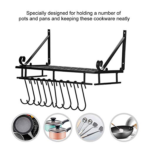 SOONHUA Wall Mounted Pan Rack Metal Pan Rack Hanging Wall Mounted With 10 Hook Holders Kitchen Storage Tray (45cm) - Image 4