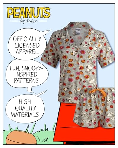 Image of COCO BRANDS Peanuts Snoopy Womens Pajama Set - 2 Piece Short Sleeve Button Down Sleep Shirt and Pajama Shorts