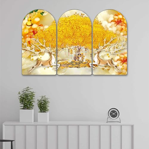 Image of Livin'luxe Golden Money Tree Arch Shape Wall Painting Set of 3 | Sparkle Laminated HD Print on MDF | Vastu Fortune Wealth Tree with Deer Artwork for Living Room Bedroom Home (20 x 30 Inch) RPNS-35356