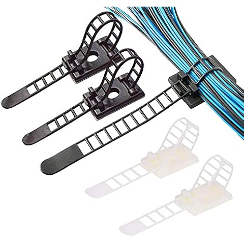 SDFAA 60 Pieces Adjustable Cable Zip Ties, Cable Tie Wire Clamps, Self Adhesive Cable Clamps, Reusable Cable Clips, Nylon Adjustable Self-Adhesive Cable Clips, for Office and Home (Black + White) Cover