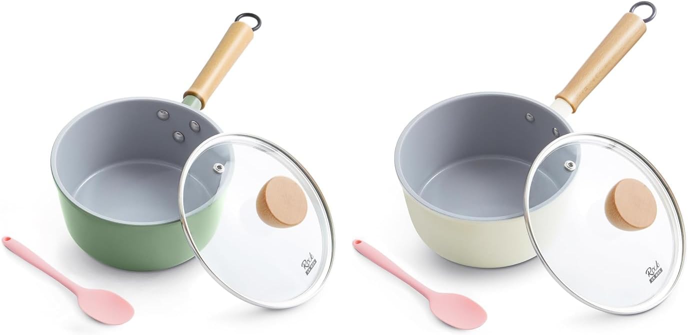 ROCKURWOK Ceramic Nonstick Sauce Pan with Lid, 1.5 Qt Small Pots for Cooking, Small Pot Wooden Handle for Cool Touch, Non Toxic & Pfas-Free Saucepan, Universal Base(Gas, Electric & Induction)