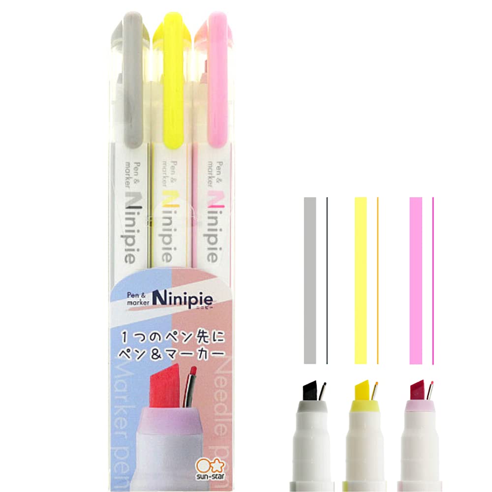 SUN-STARNinipie Pen & Marker Light Pink, Light Yellow, Gray - 3 Mild Colors Set, S4539648