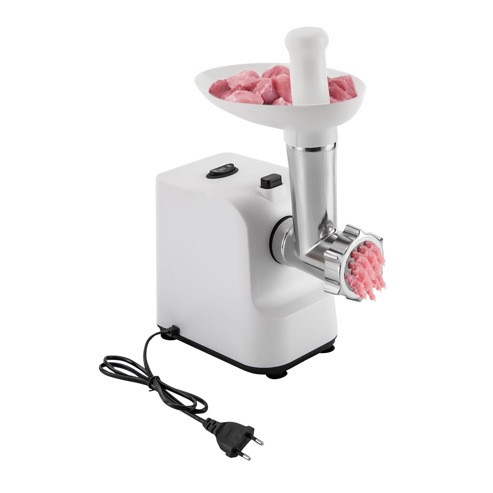 Compact Power Wurst Fleischwolf Elektrisch,Elektrischer Fleischwolf,Spritzgebäckvorsatz,Hackfleisch Maschine mid Edelstahl Schleifmesser,26 * 13 * 29.5 cm (Weiß)