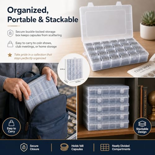 Image of FULLCASE Coin Capsules for Collectors, 168-Piece Storage Case,Fits 20-46mm | 6-Size Foam Gaskets,for Silver Dollars Eagles&Foreign Coins,Airtight Coin Storage Box,Organizer Collecting Supplies White