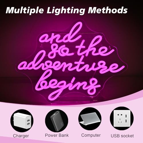 Image of Pink Neon Sign Dimmable Wanderlust LED Wall Light for Campervan Decor | 16.5*12.5IN,And So the Adventure Begins,Five level brightness adjustment,USB powered,For Bar,Pub,Club,Bedroom,Party,Weedding