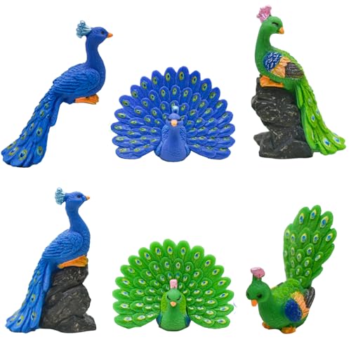 Pinenjoy 6Pcs Mini Resin Peacock Figurines Miniature Peafowl Figures for