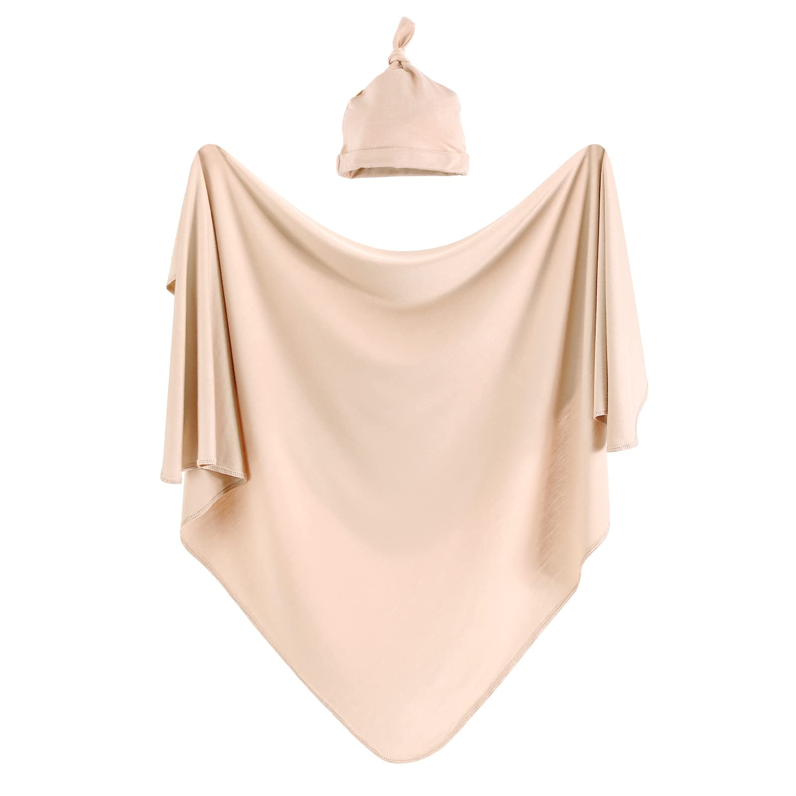 iEvolve Cotton Knitted Baby Swaddle Blanket with Hat Headband Set Newborn Swaddle Wrap Receiving Blankets for Baby Girl Boy 45" x 45"(Beige)